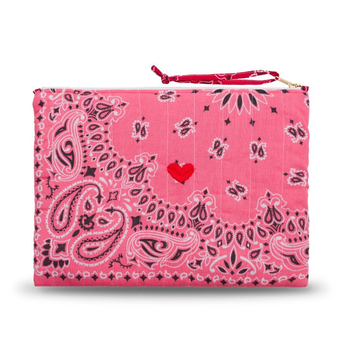 Zipped Quilted Pouch - HEART - Strawberry Pink / Real Red