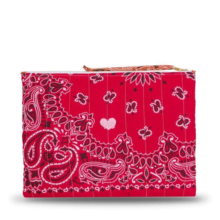 Zipped Quilted Pouch - HEART - Real Red / Burnt Orange