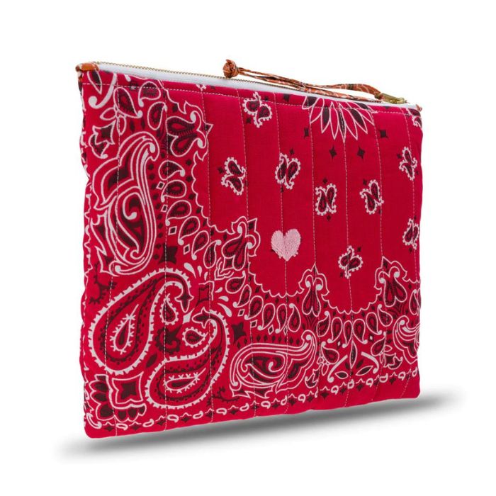 Zipped Quilted Pouch - HEART - Real Red / Burnt Orange