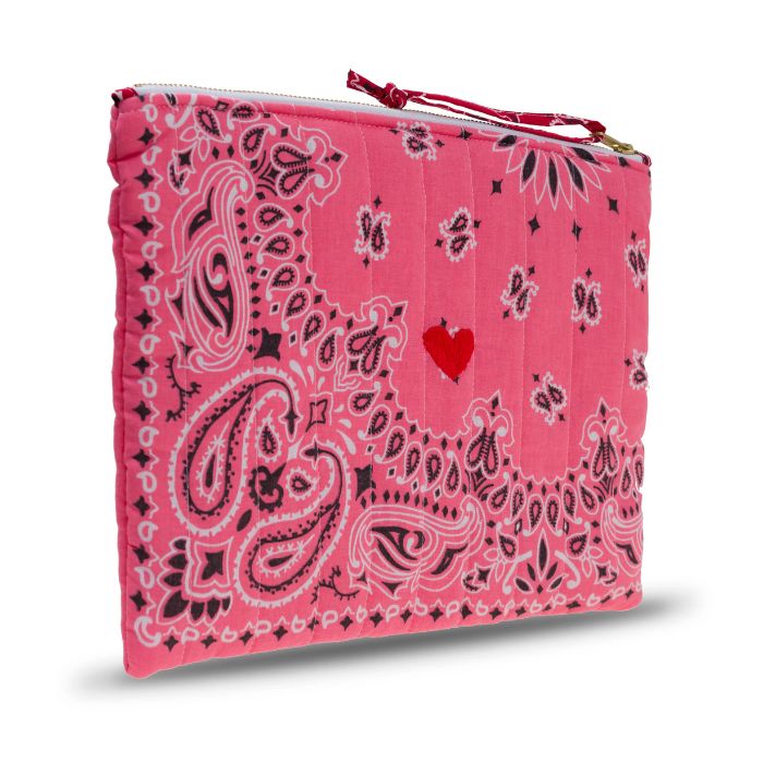 Zipped Quilted Pouch - HEART - Strawberry Pink / Real Red