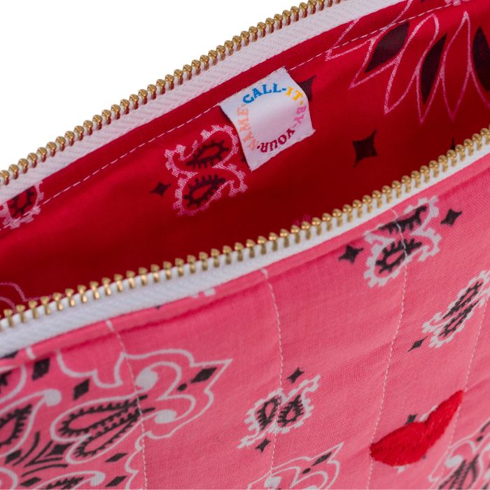 Zipped Quilted Pouch - HEART - Strawberry Pink / Real Red