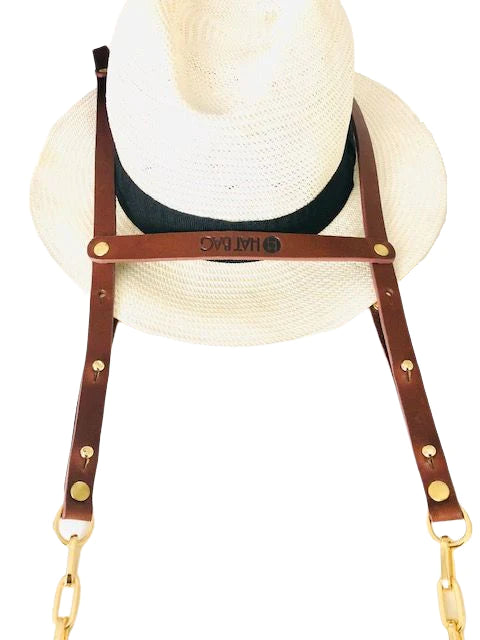 Hat Bag "Dubai": Hat holder in light brown leather and golden chains